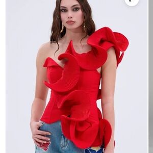 AKIRA Red Ruffled One-Shoulder Top Sz Xl
